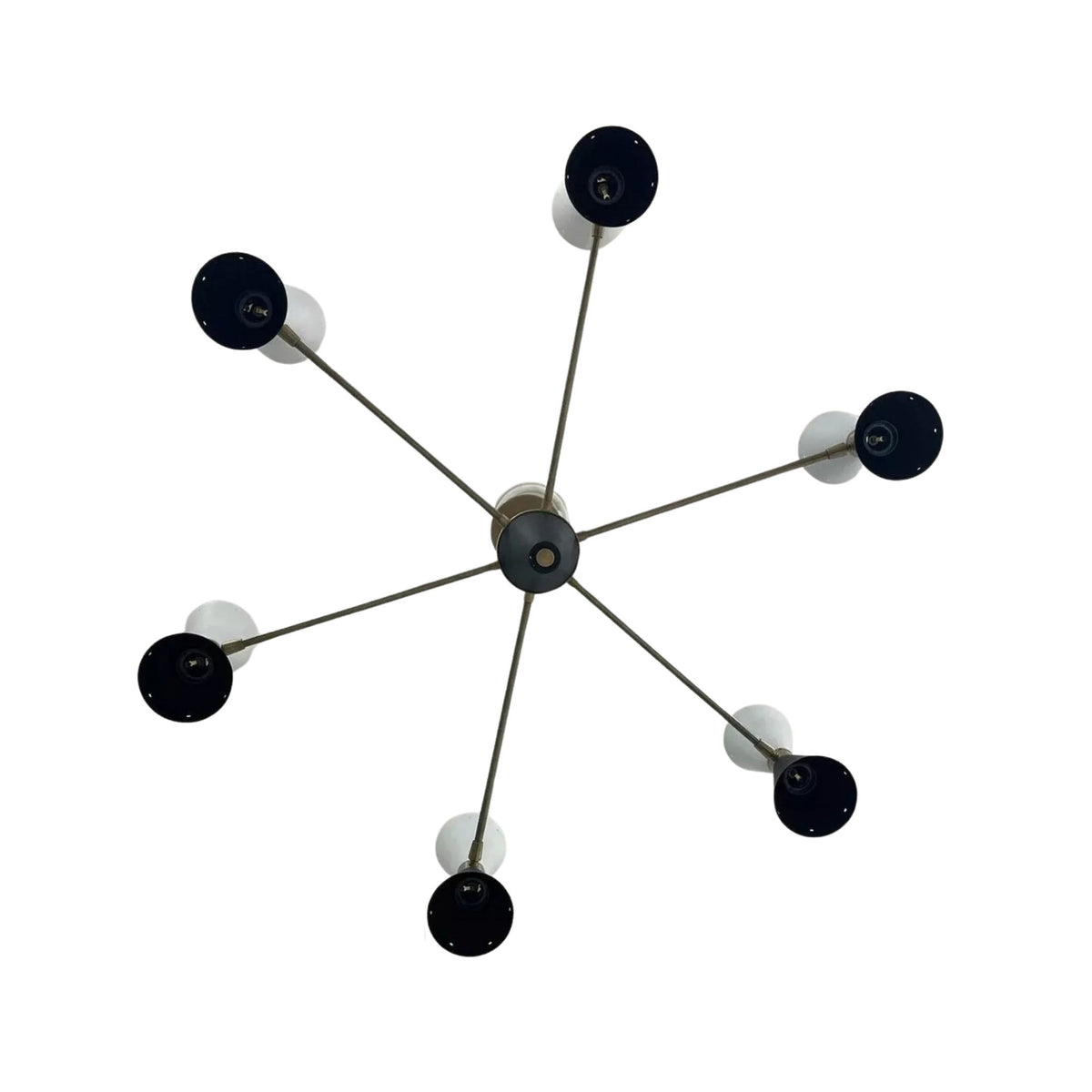 Dresden 12 light Sputnik chandelier shown from below highlighting the radial arm arrangement and cone shade openings.