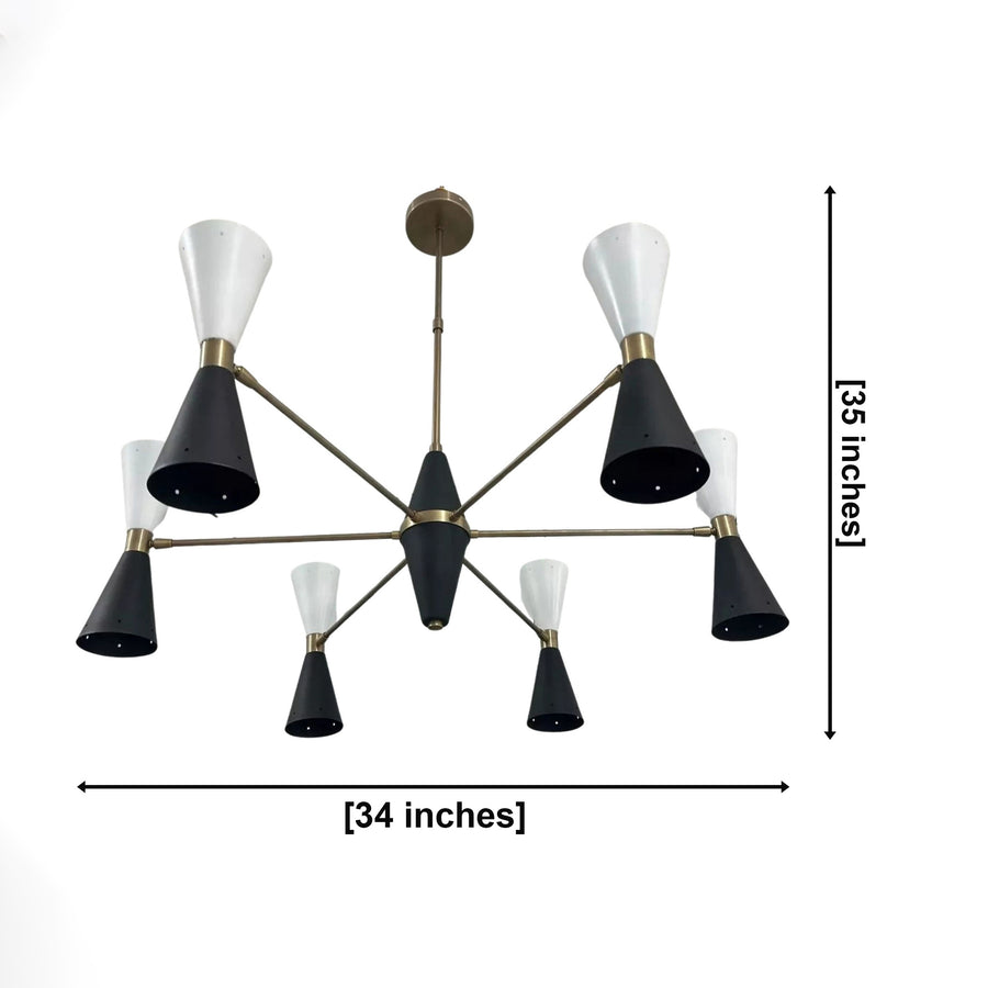 Dresden 12 light black and white cone Sputnik chandelier shown from an angled view with geometric brass-toned arms.