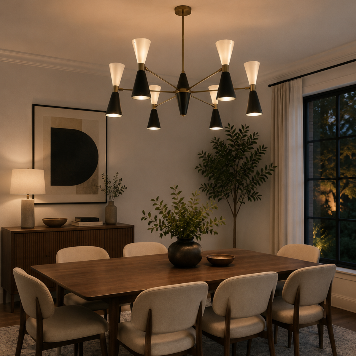 Dresden 12 light black and white cone Sputnik chandelier illuminated above a modern wooden dining table in a warm interior.