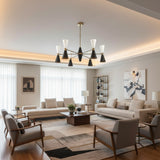 Dresden 12 light black and white cone Sputnik chandelier shown from the front with brass-toned radiating arms.