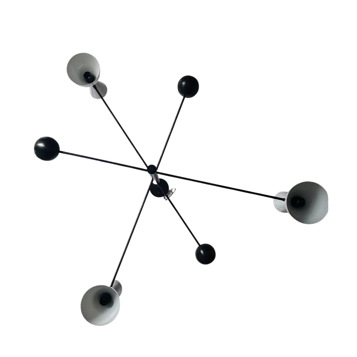 Bottom view of Dublin 6 light black and white sculptural chandelier featuring extended arms, rounded counterweights and geometric metal shades.