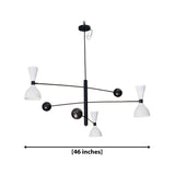 Dublin 6 light sculptural chandelier dimension view showing a 46 inch wide black and white multi-arm fixture.