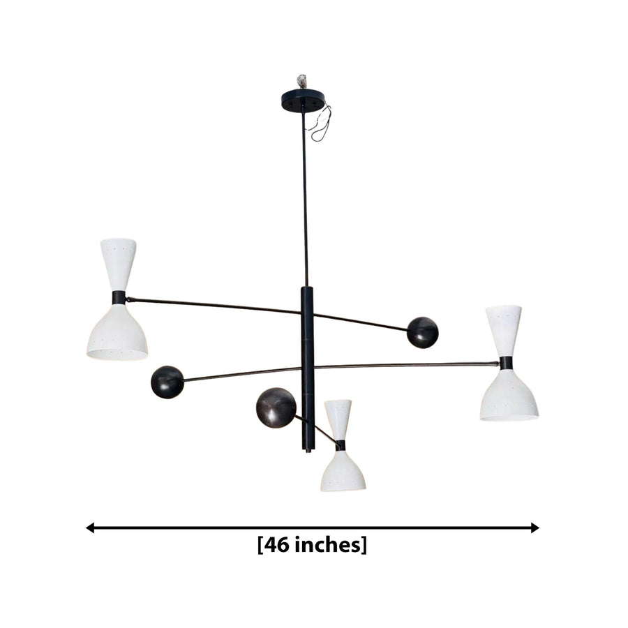 Dublin 6 light Mid-Century Modern chandelier displayed in an elegant living room with warm wood accents and neutral furnishings.