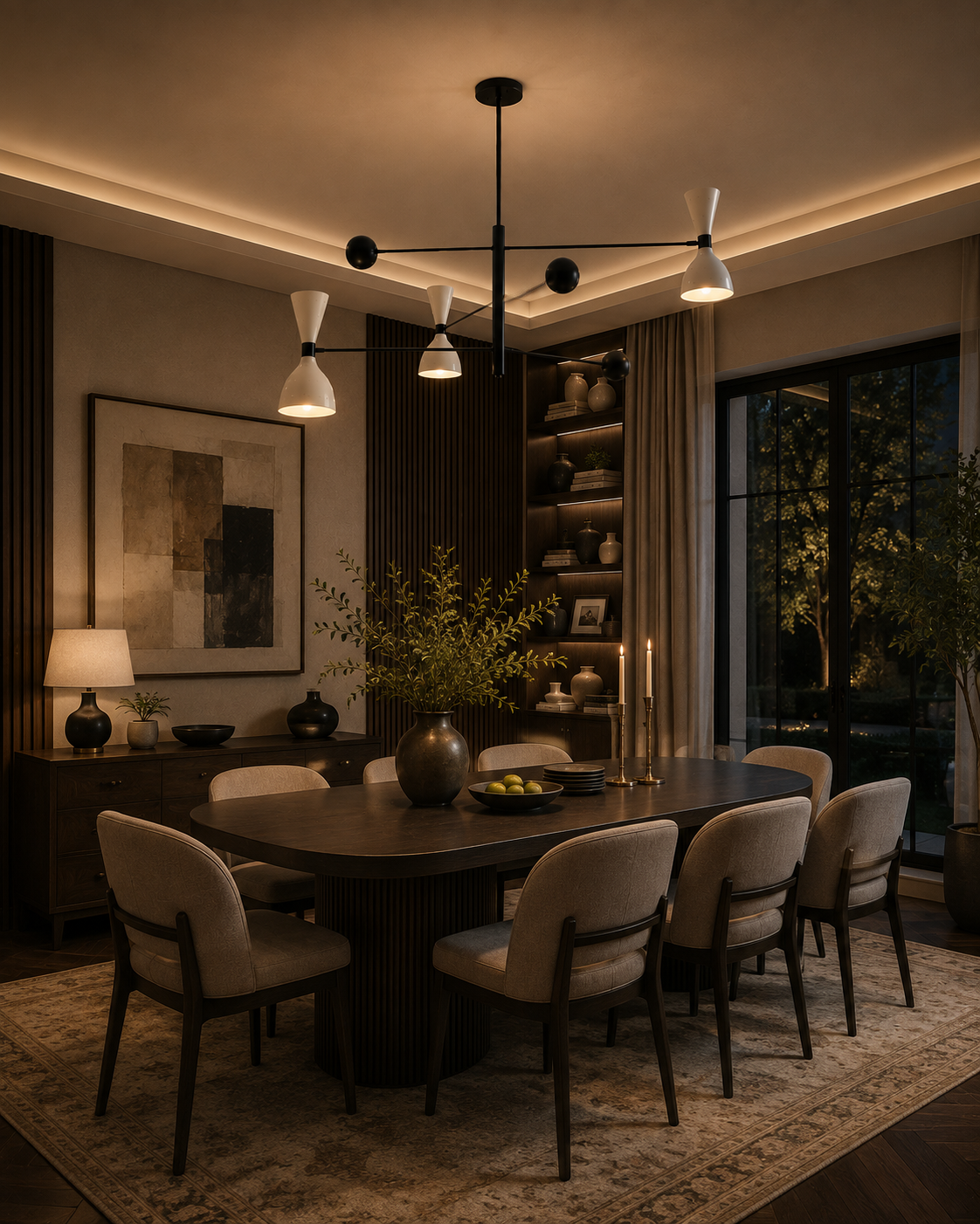 Dublin 6 light black and white sculptural chandelier displayed above a contemporary dining table with warm ambient lighting.