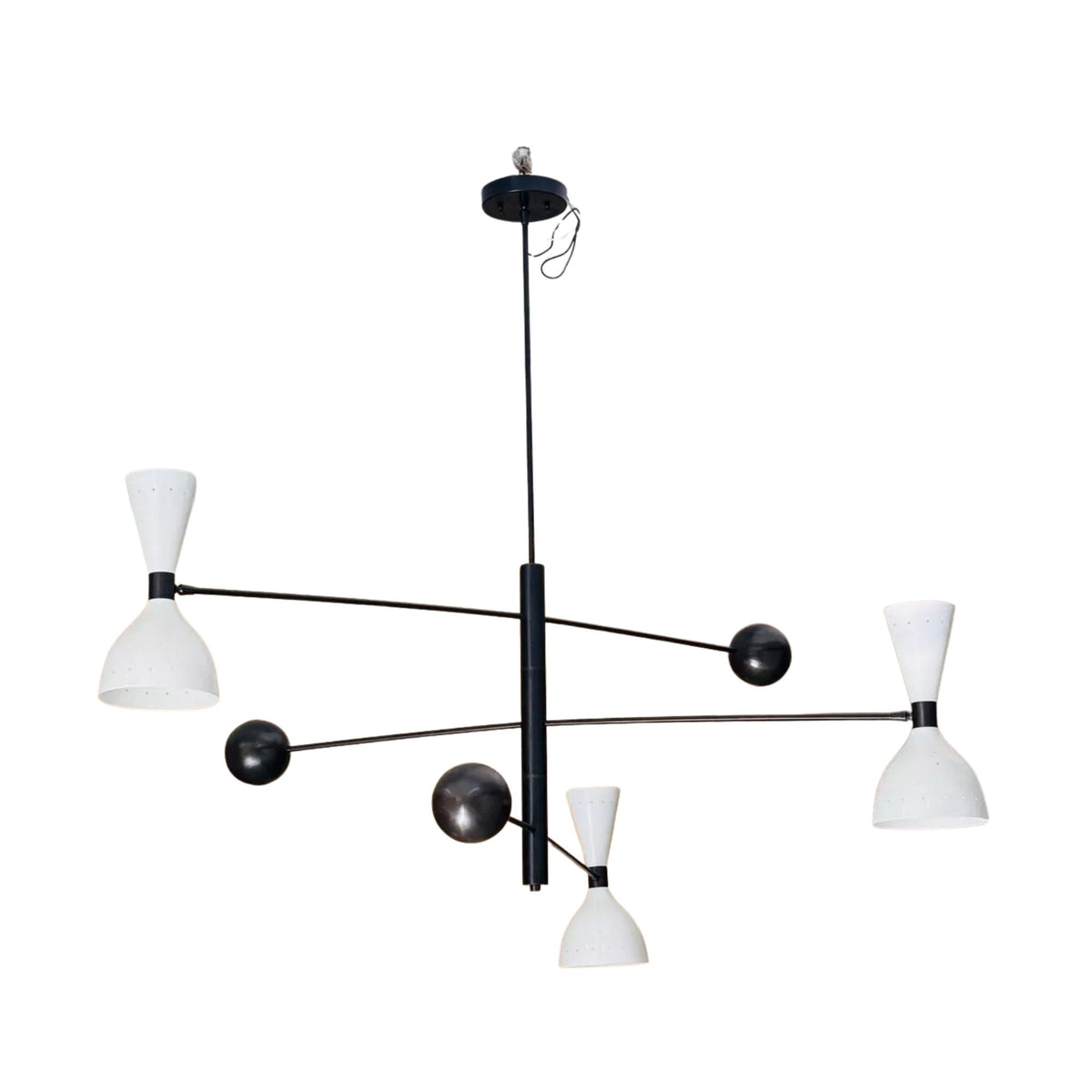 Front view of Dublin 6 light black and white chandelier featuring an asymmetrical Mid-Century Modern balance design.