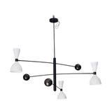 Front view of Dublin 6 light black and white chandelier featuring an asymmetrical Mid-Century Modern balance design.