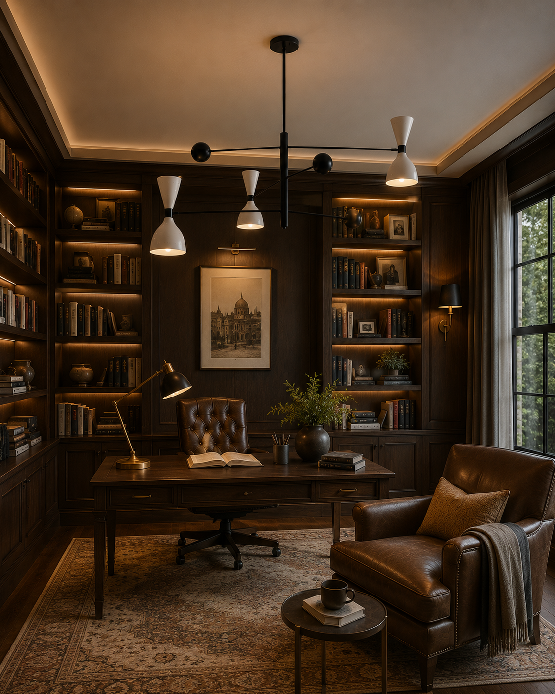 Dublin 6 light black and white sculptural chandelier illuminating a sophisticated home office with dark wood bookshelves and warm ambient lighting.