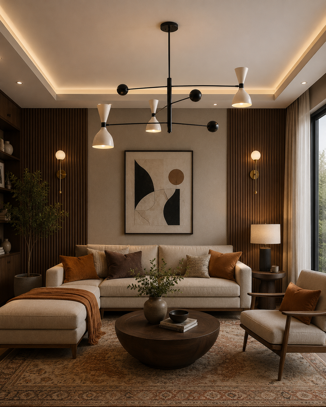 Dublin 6 light Mid-Century Modern chandelier displayed in an elegant living room with warm wood accents and neutral furnishings.