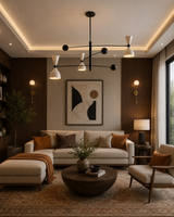 Dublin 6 light Mid-Century Modern chandelier displayed in an elegant living room with warm wood accents and neutral furnishings.