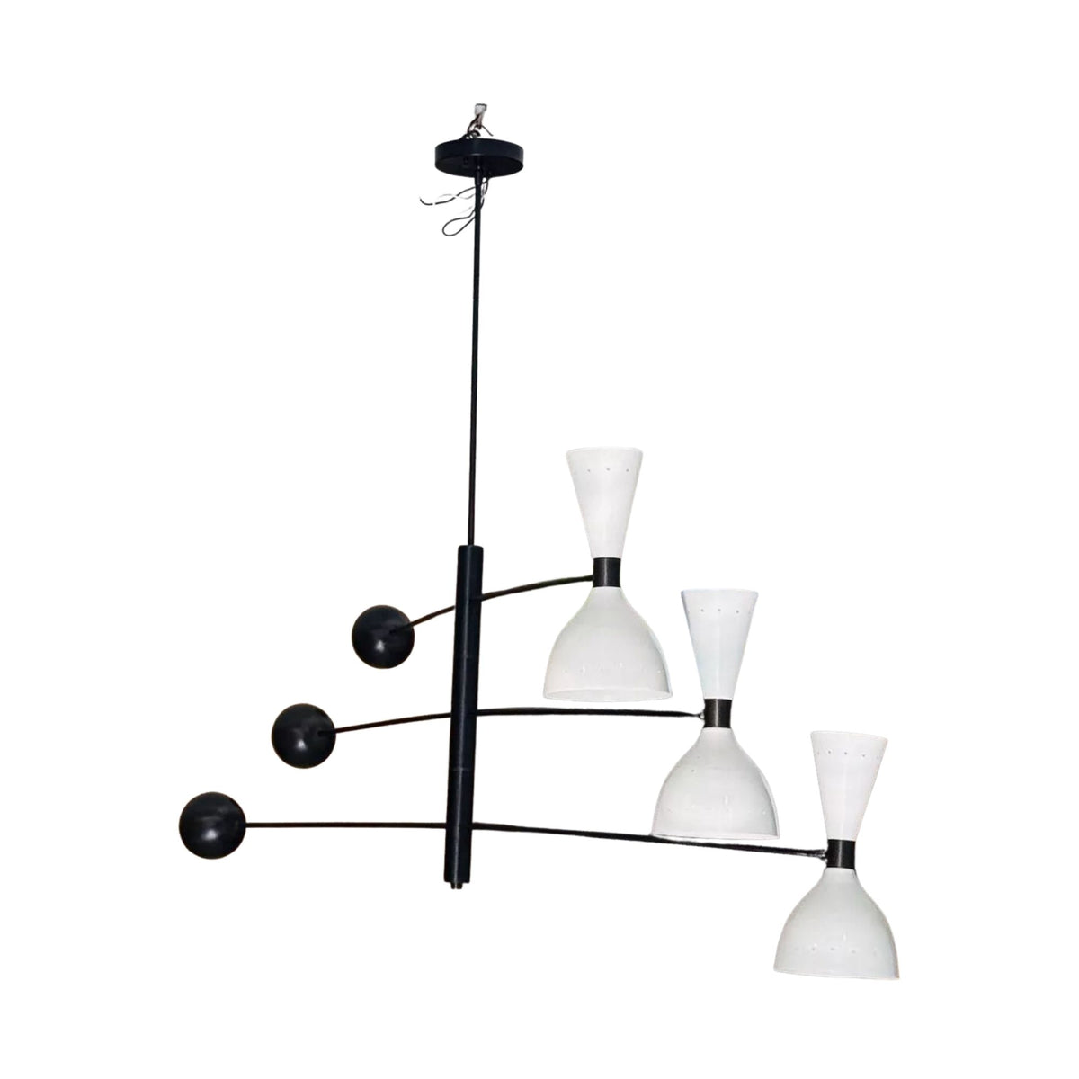 Side view of Dublin 6 light chandelier with black branching arms, white sculptural shades and rounded black counterweight details.