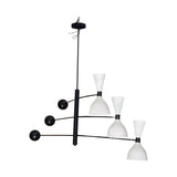 Side view of Dublin 6 light chandelier with black branching arms, white sculptural shades and rounded black counterweight details.