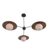 Bottom view of Eclipse 3 light chandelier featuring opal glass globes, circular brass disc shades and dark arms