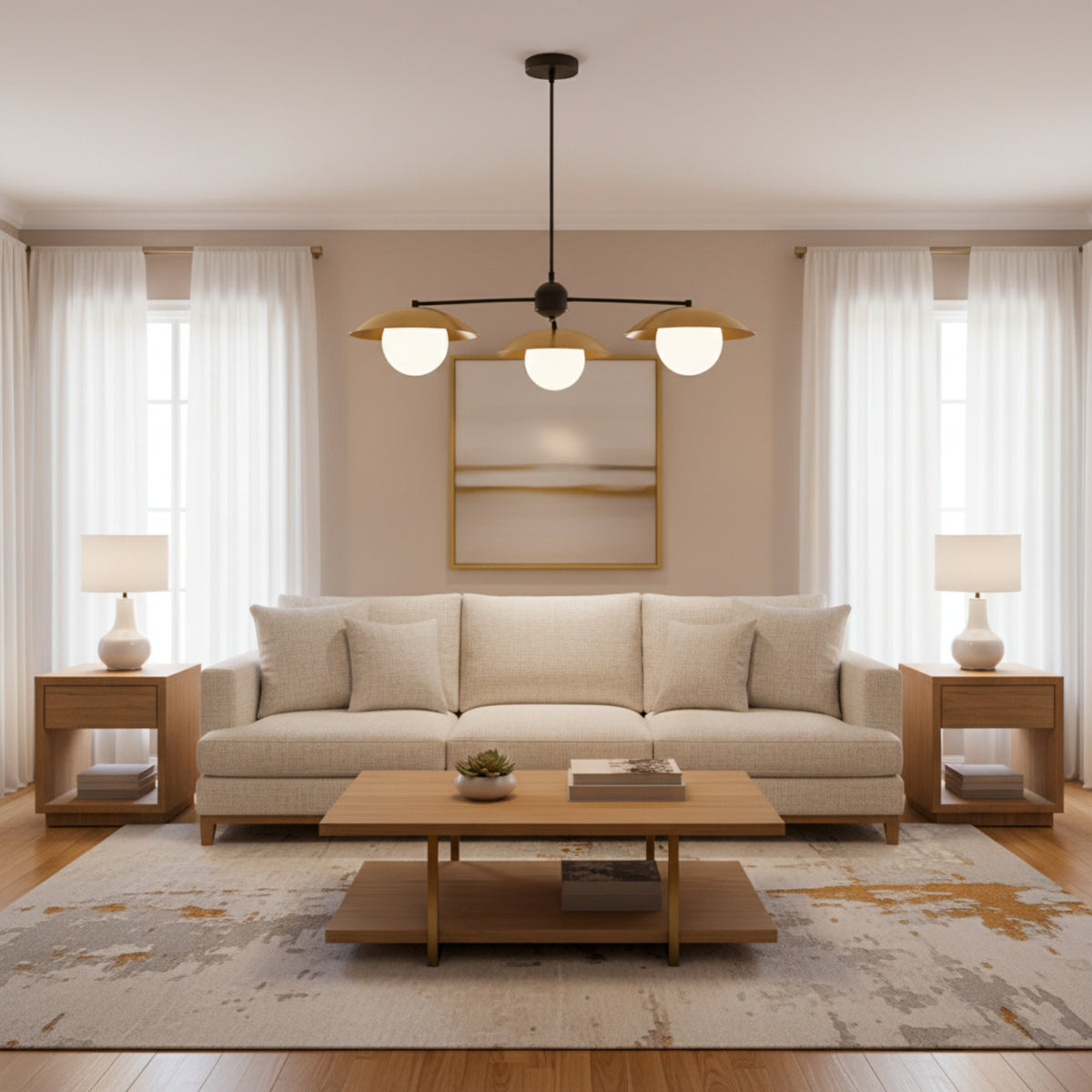 Eclipse 3 light chandelier with opal glass globes, warm brass disc shades and dark metal frame, front view