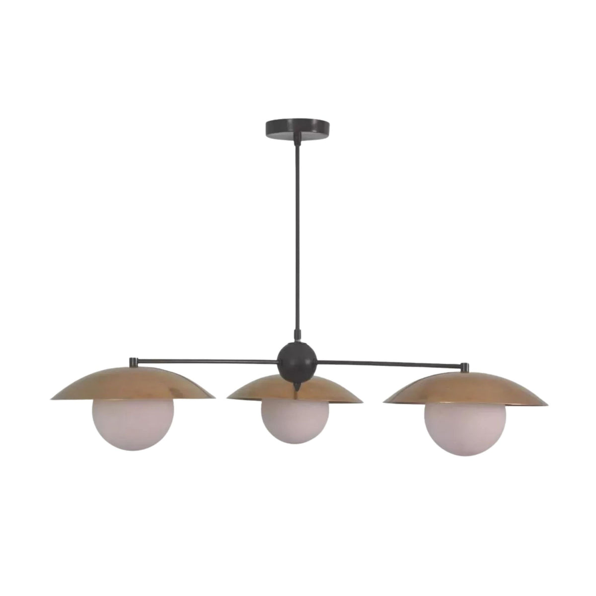 Side view of Eclipse 3 light Mid-Century chandelier with layered brass discs and opal glass globe shades