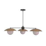 Side view of Eclipse 3 light Mid-Century chandelier with layered brass discs and opal glass globe shades