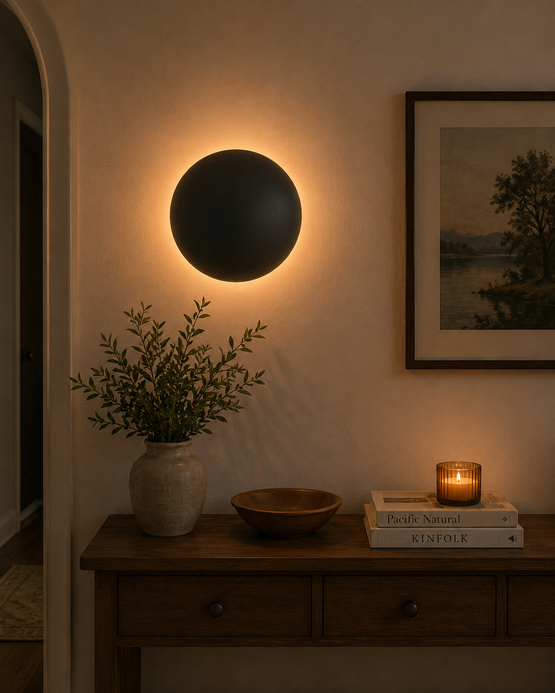 Eclipse modern black dome wall sconce installed above a wooden console table, adding warm ambient lighting to a contemporary living space.