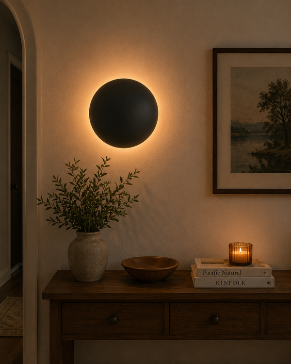 Eclipse modern black dome wall sconce installed above a wooden console table, adding warm ambient lighting to a contemporary living space.