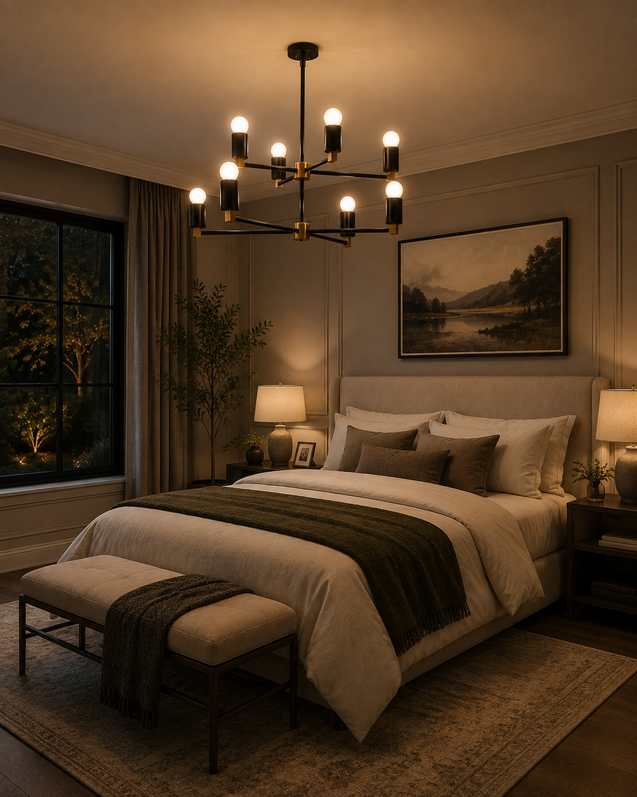 Edinburgh 8 light black and brass two-tier chandelier displayed above a contemporary bedroom with warm ambient lighting.