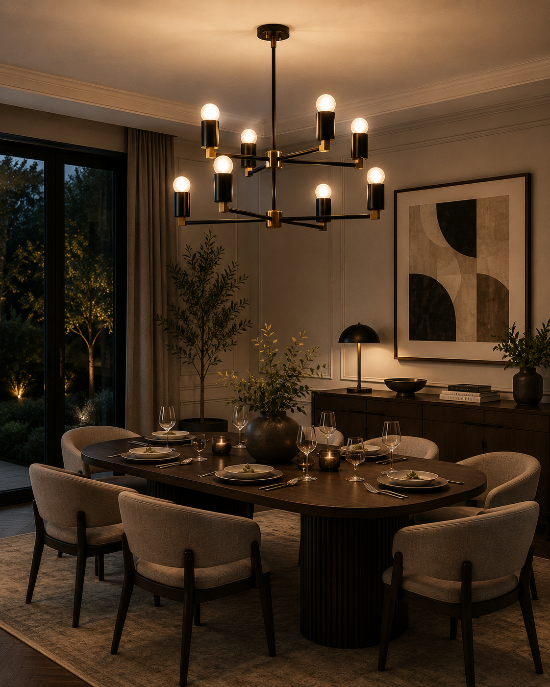 Edinburgh 8 light two-tier chandelier illuminating an elegant dining room with warm modern interior styling.