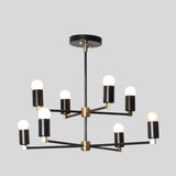 Edinburgh 8 light two-tier chandelier featuring black metal arms, brass-tone accents and exposed globe bulbs.