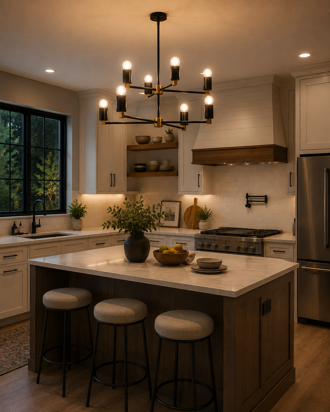 Edinburgh 8 light black and brass chandelier displayed above a modern kitchen island with warm ambient lighting.