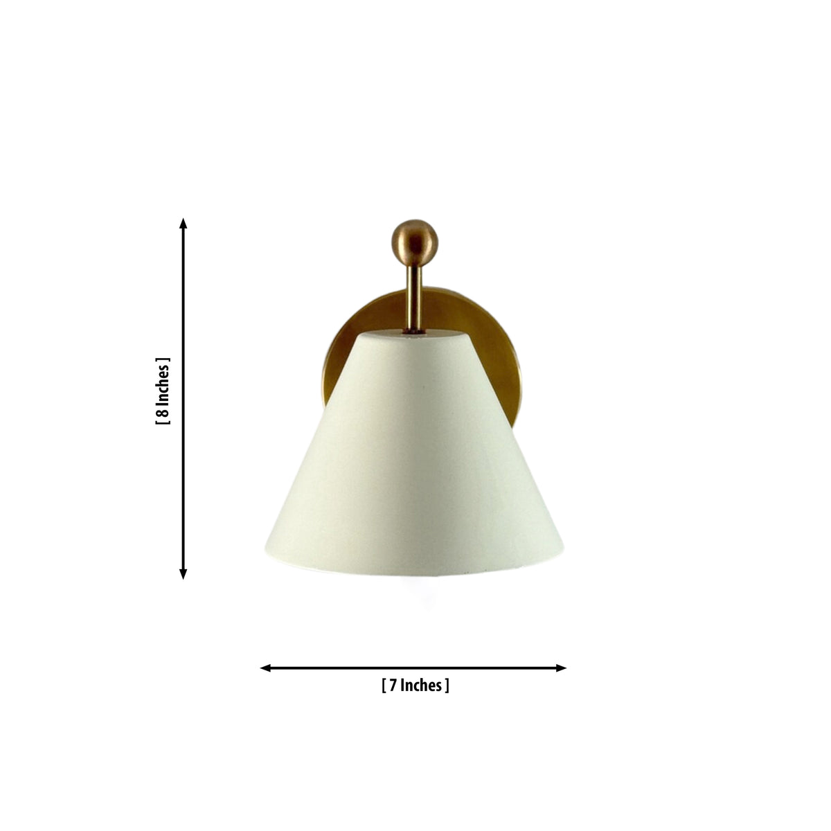 Front view of the Elara modern ivory tapered wall sconce showing its tapered cone shade with dimensions of 8 inches in height and 7 inches in width.