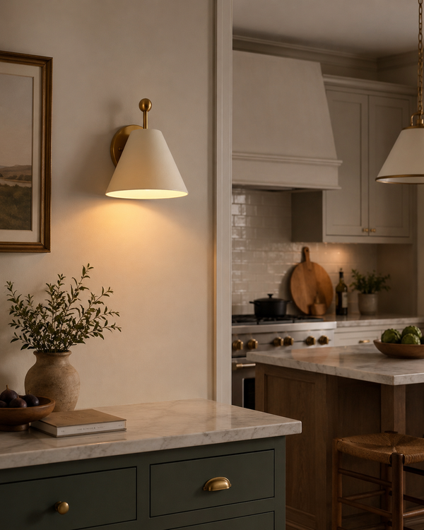 Elara modern ivory tapered wall sconce installed on a contemporary kitchen wall, providing warm ambient lighting above a marble countertop with elegant cabinetry and brass accents.