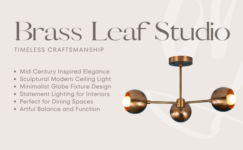 Mid-Century Modern 3-Light Brass Ceiling Chandelier – Custom Handmade by BRASS LEAF STUDIO 32194
