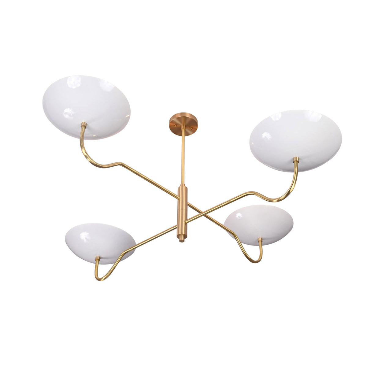 Angled view of Florence Curved Arm chandelier showing sculptural white bowl shades and balanced linear design.