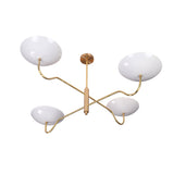 Angled view of Florence Curved Arm chandelier showing sculptural white bowl shades and balanced linear design.