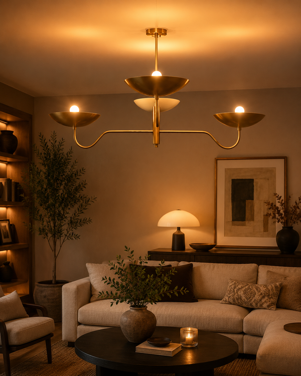 Florence Curved Arm chandelier installed in a warm living room, adding elegant Mid-Century Modern ambient lighting.