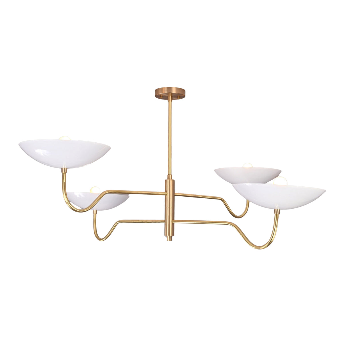 Florence Curved Arm chandelier featuring four white bowl shades, flowing arms, and Mid-Century Modern styling.