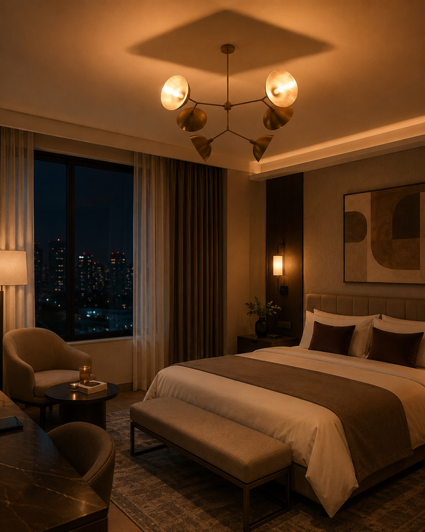 Florence Disc Orbital Chandelier styled in a warm hotel bedroom with glowing disc shades and ceiling shadow.