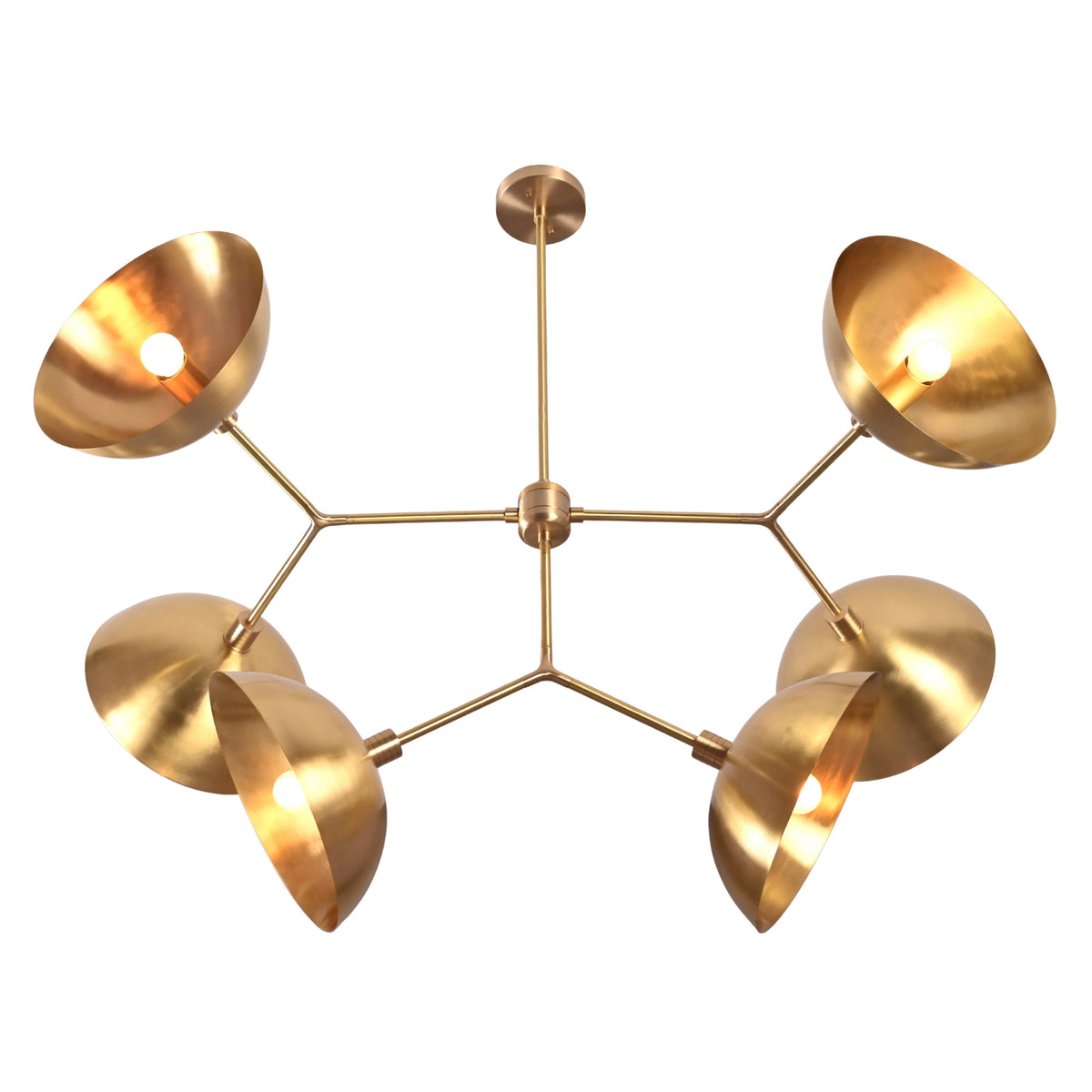 Florence Disc Orbital Chandelier top angle product view with sculptural disc shades and exposed bulbs.