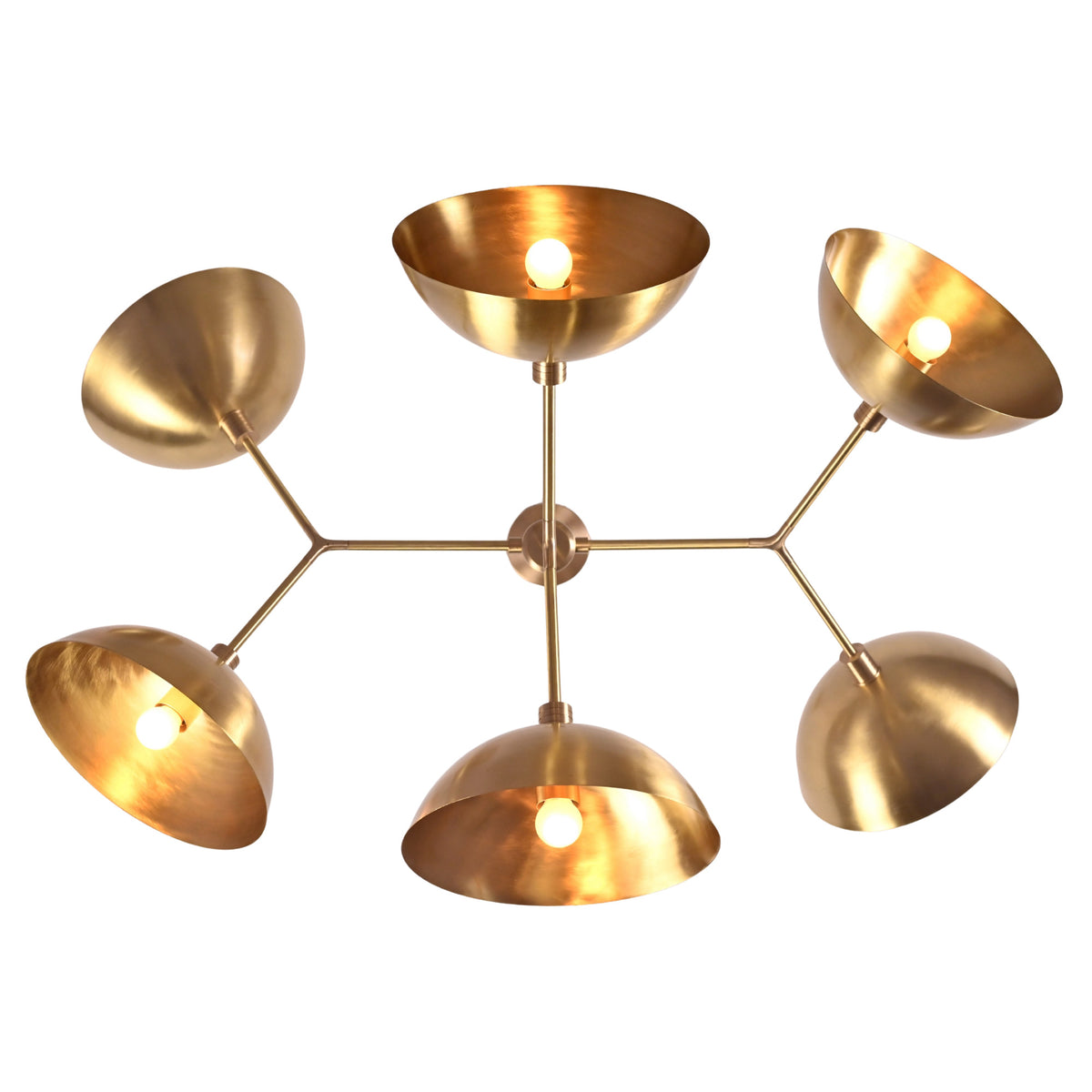 Florence Disc Orbital Chandelier angled product view showing four illuminated disc shades and balanced orbital frame.