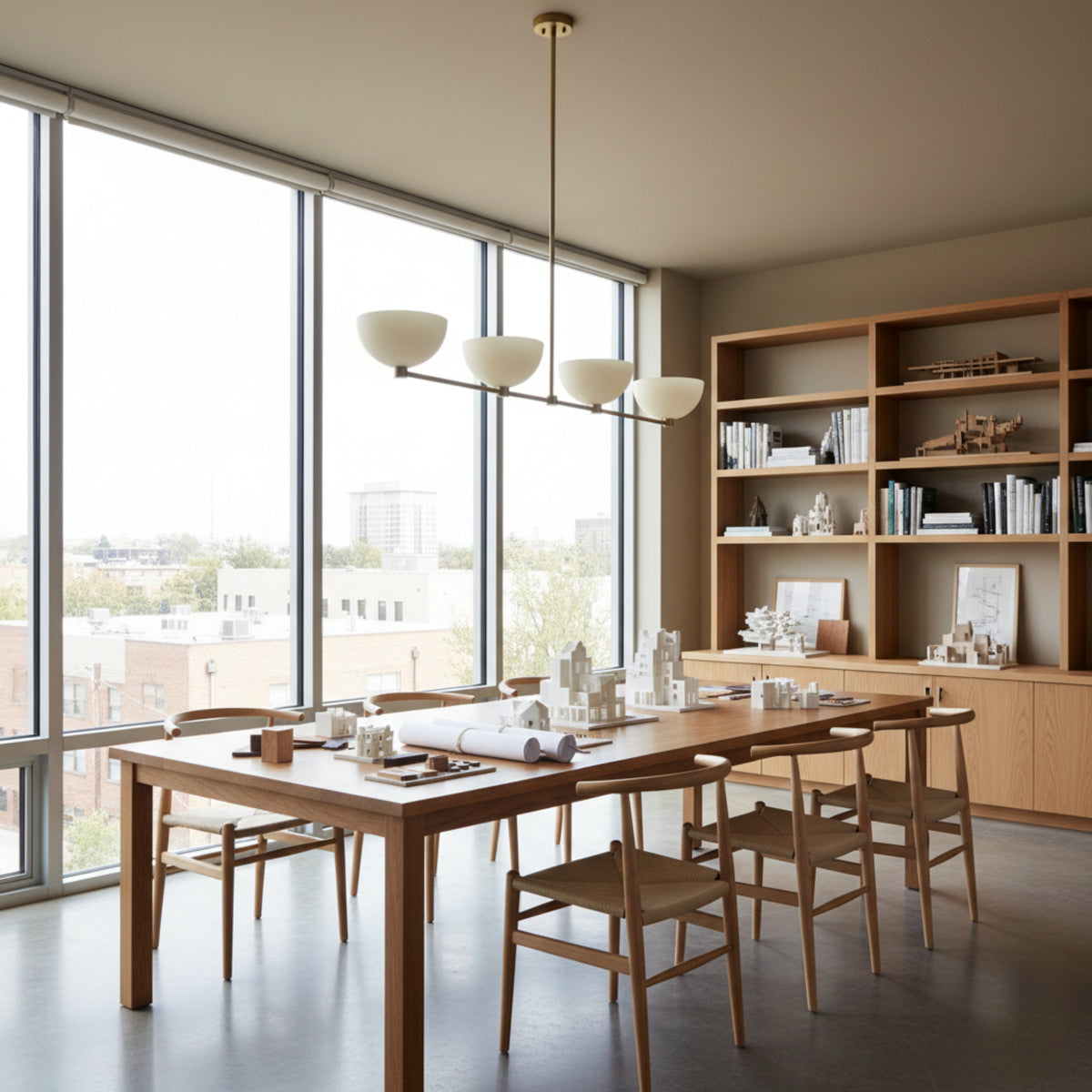 Florence 4 light sculptural bowl chandelier shown from an alternate angle with a minimalist linear brass-tone structure.