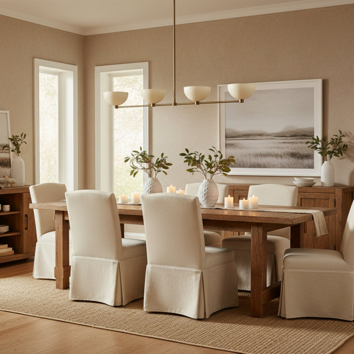 Florence 4 light Mid-Century Modern linear chandelier shown from the front with four evenly spaced cream bowl shades.