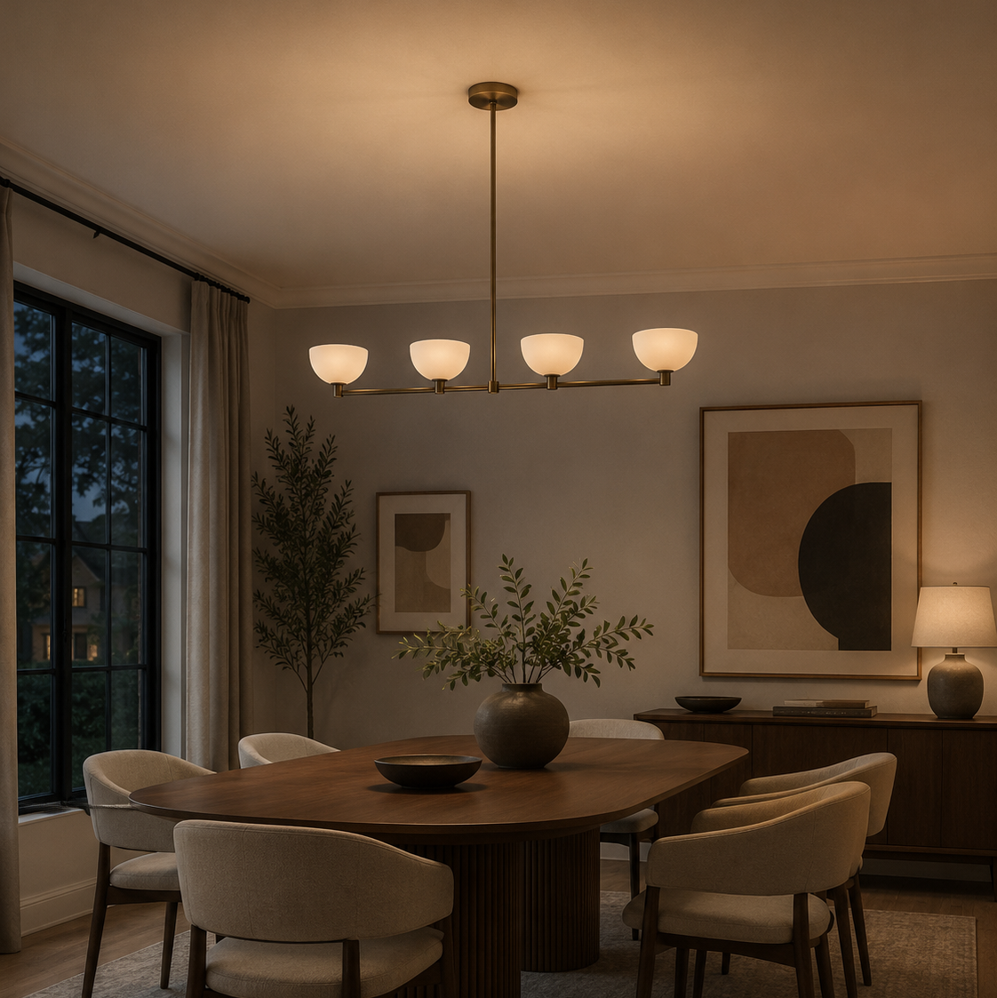 Florence 4 light cream bowl chandelier illuminated above a dining table in a warm contemporary dining room.