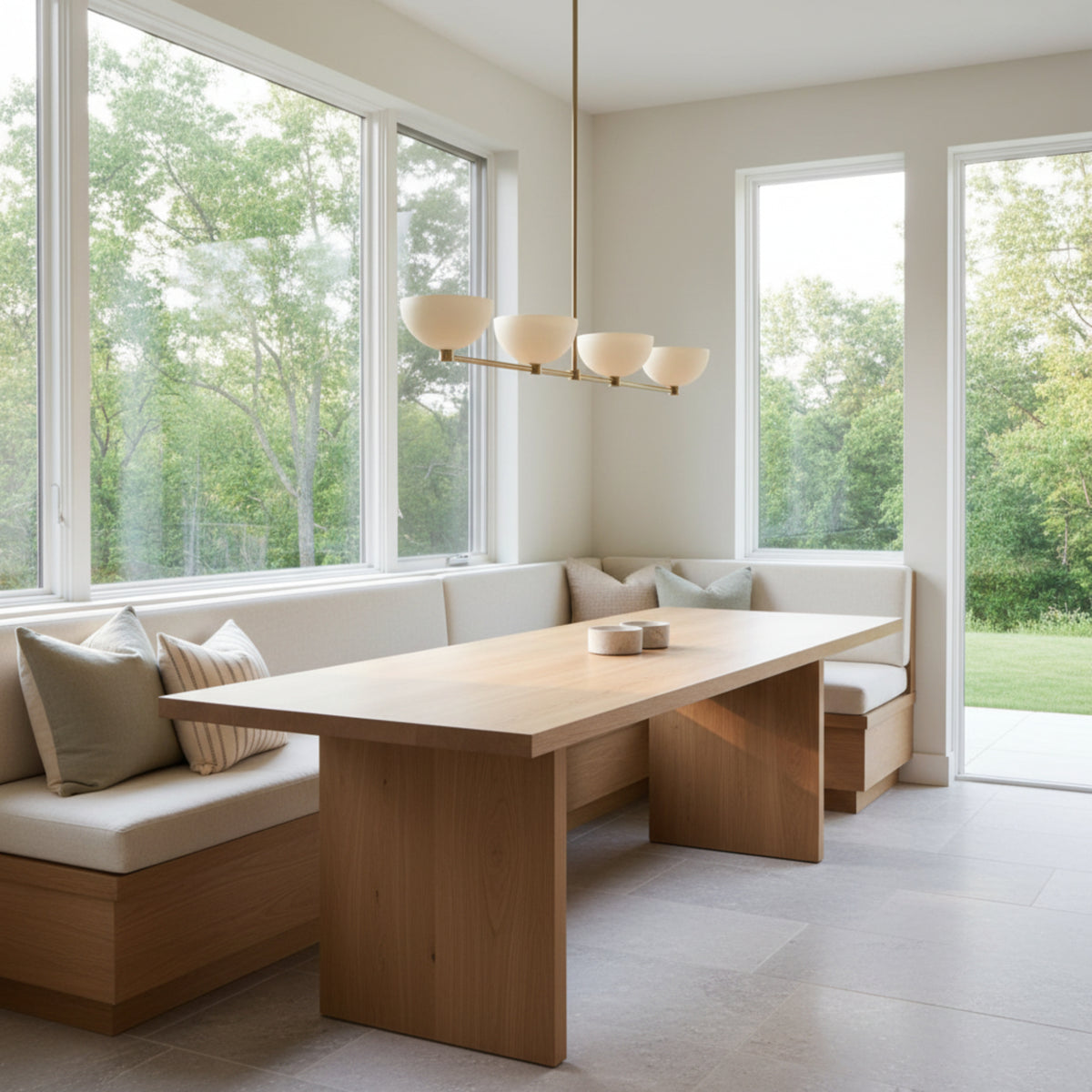 Florence 4 light linear bowl chandelier shown from the front with cream bowl shades and a warm brass-tone frame.