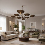 Florence 8 light dark bronze sculptural bowl chandelier shown from an upward angled view highlighting the layered dish shades.