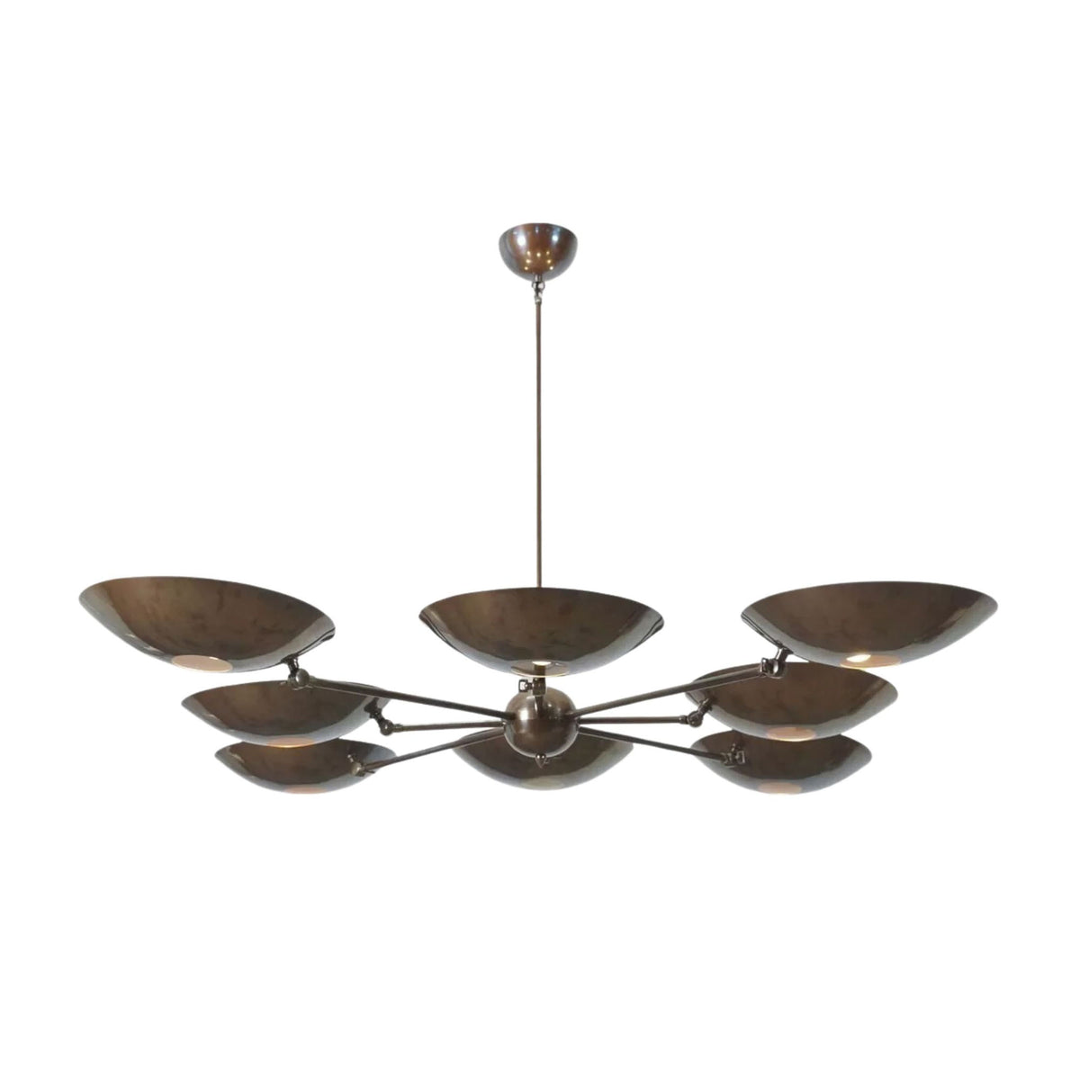 Florence 8 light dark bronze sculptural bowl chandelier shown from an angled view with illuminated dish shades.