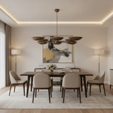 Florence 8 light dark bronze sculptural bowl chandelier shown from the front with eight radiating arms and shallow dish shades.