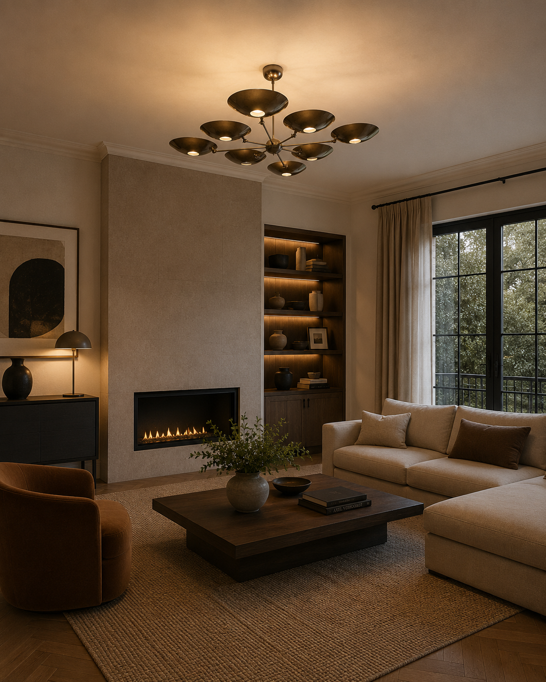 Florence 8 light dark bronze sculptural bowl chandelier installed in a modern living room with warm ambient lighting.