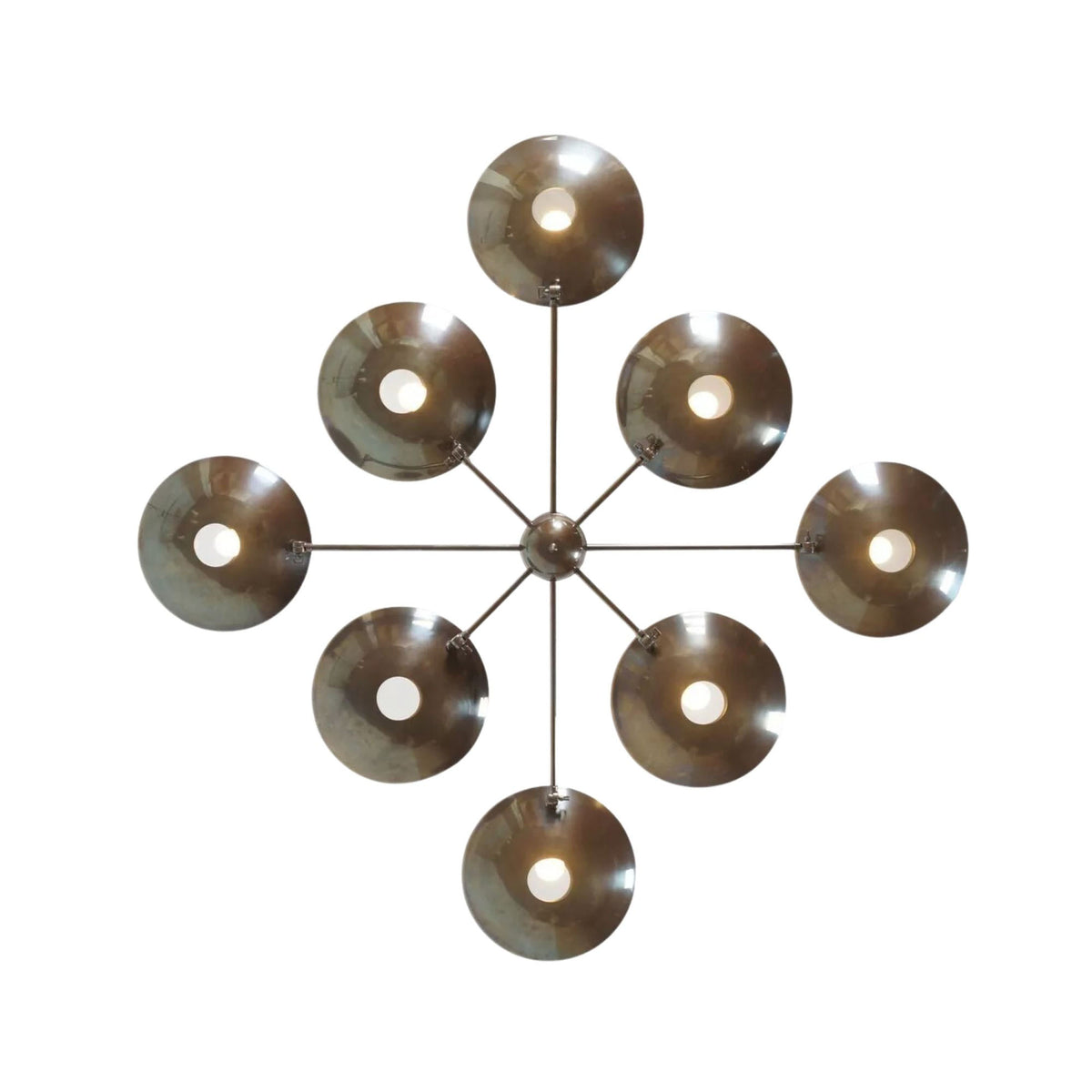 Florence 8 light dark bronze sculptural bowl chandelier shown from the top with eight symmetrically arranged dish shades.