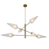Modern brass chandelier with six frosted glass cone shades arranged on a sculptural frame, showcasing mid-century modern elegance and ambient lighting.
