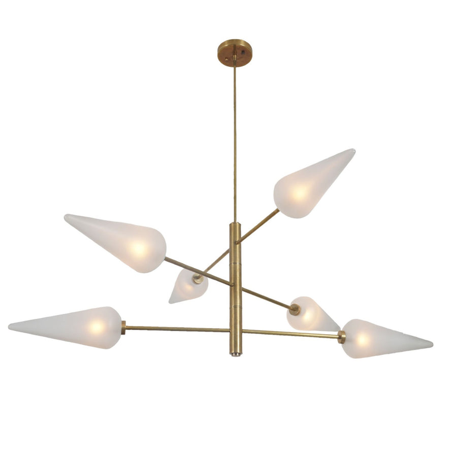 Modern brass chandelier with six frosted glass cone shades arranged on a sculptural frame, showcasing mid-century modern elegance and ambient lighting.