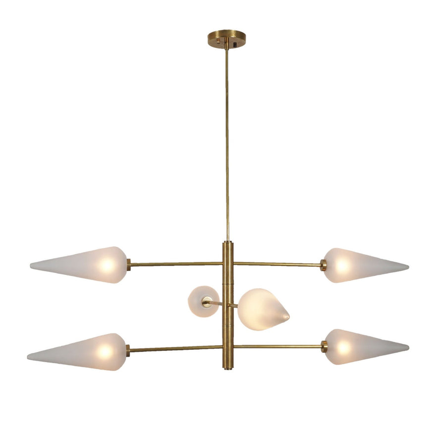 Modern brass chandelier with six frosted glass cone shades arranged on a sculptural frame, showcasing mid-century modern elegance and ambient lighting.