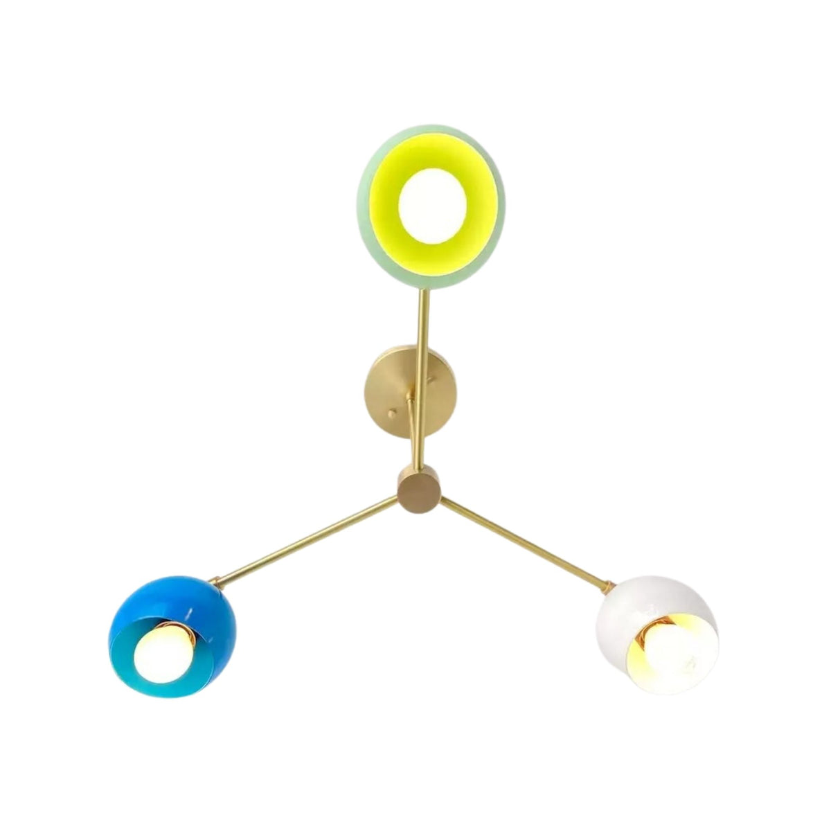 Geneva 3 light dome chandelier shown from below highlighting the colorful rounded shades, exposed bulbs and brass-tone arms.