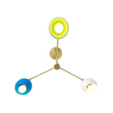 Geneva 3 light dome chandelier shown from below highlighting the colorful rounded shades, exposed bulbs and brass-tone arms.