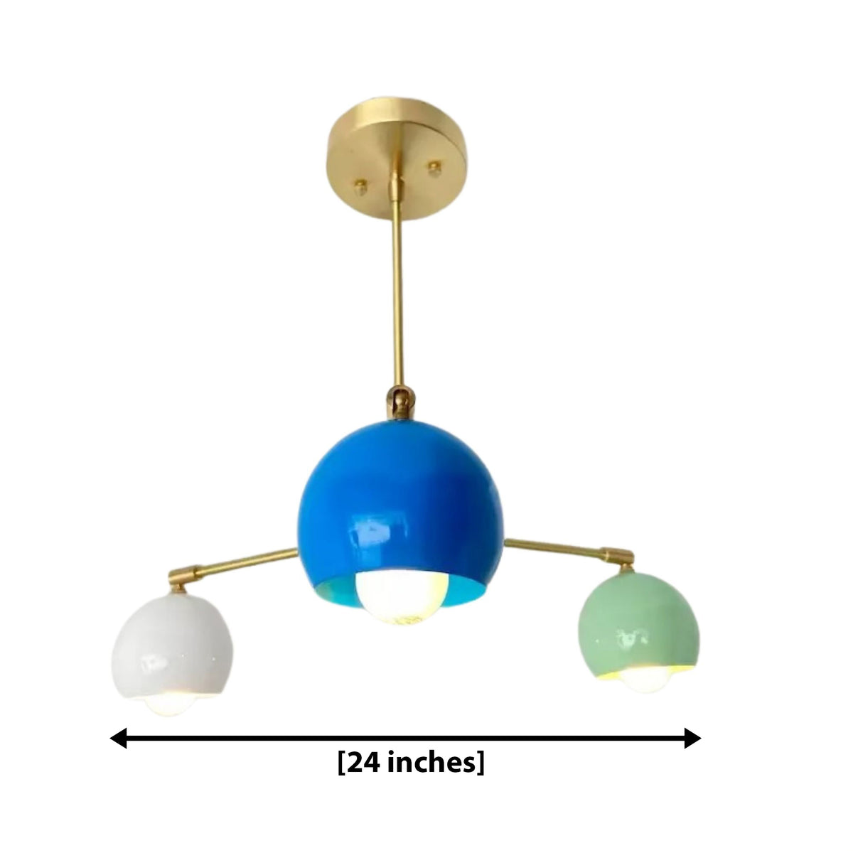 Geneva 3 light Mid-Century Modern dome chandelier dimension view showing a 24 inch wide multicolor design with brass-tone arms.